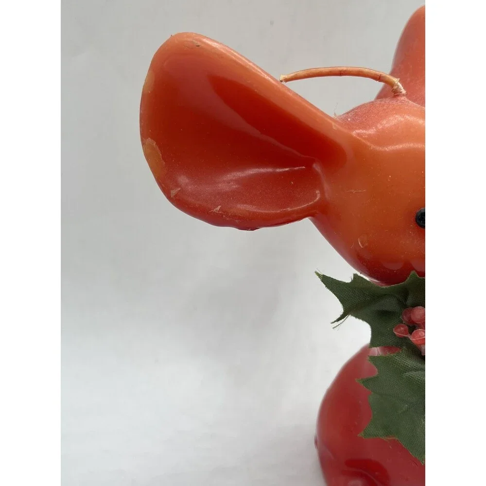 Vintage Red Mouse w/ Big Ears Holding Holly Figure Candle  5.5” Tall -